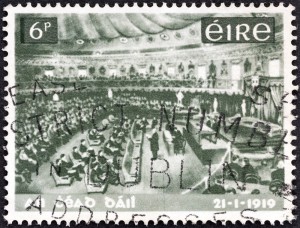 IRELAND - CIRCA 1969: A stamp printed in Ireland issued for the 50th anniversary of Dail Eireann (1st National Parliament) shows Dail Eireann Assembly, circa 1969.