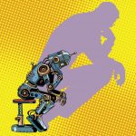 Robot thinker with the shadow of a man. Progress and humanity. Pop art retro vector illustration