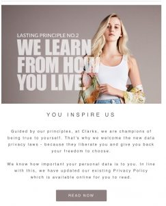 Clarks GDPR Privacy notification email